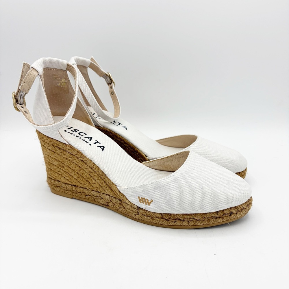 Viscata Espadrille Sandals Womens Size 10 41 White Canvas Wedge Ankle Strap